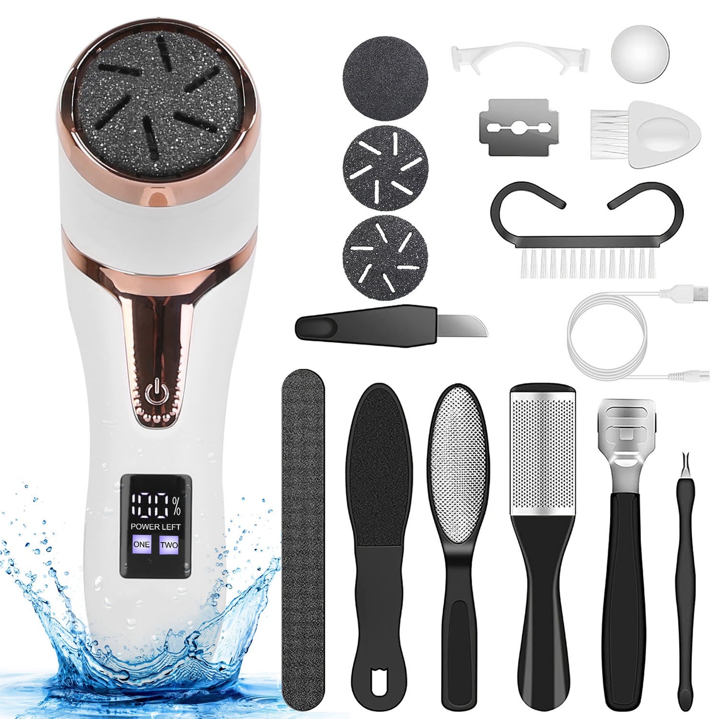 17-piece pedicure kit laid out — callus remover, files and accessories
