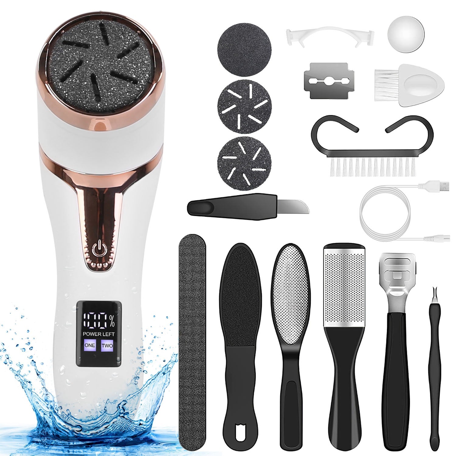17-piece pedicure kit laid out — callus remover, files and accessories