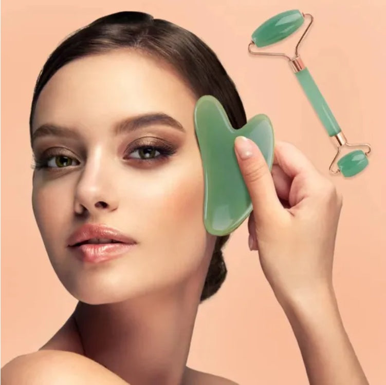 Zelbea gua sha and facial roller set for sculpting and de-puffing
