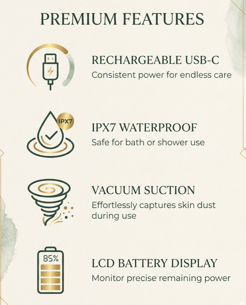 Key features — rechargeable, IPX7 waterproof, vacuum suction, LCD battery display