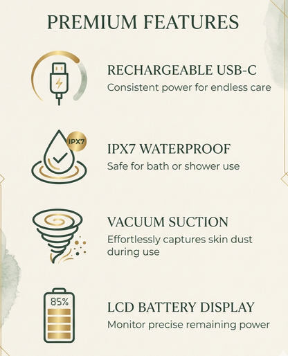 Key features — rechargeable, IPX7 waterproof, vacuum suction, LCD battery display