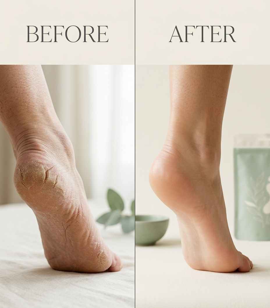 Before and after — dead skin peels away to reveal smooth, soft feet
