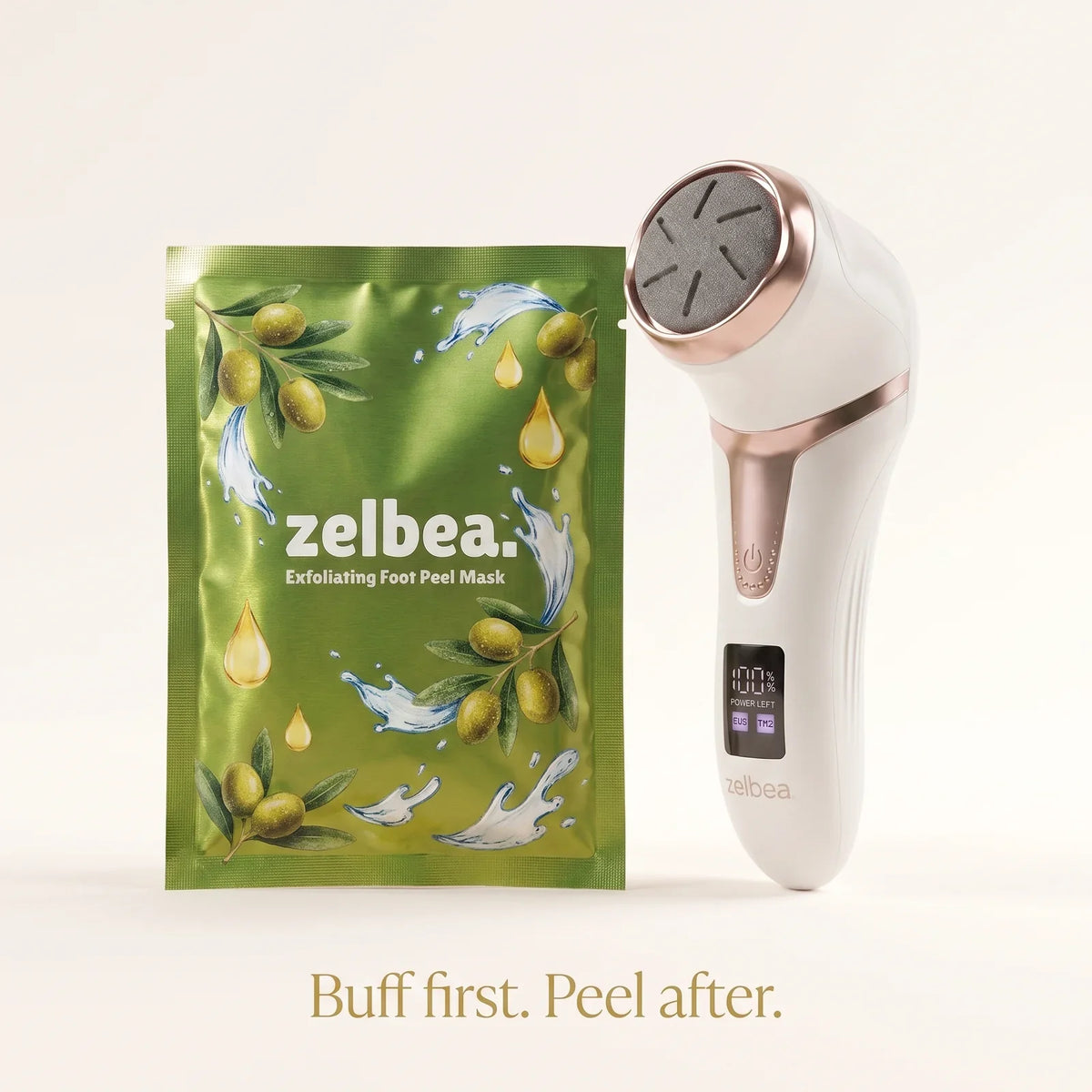 Zelbea foot peel mask paired with the electric callus remover — buff then peel