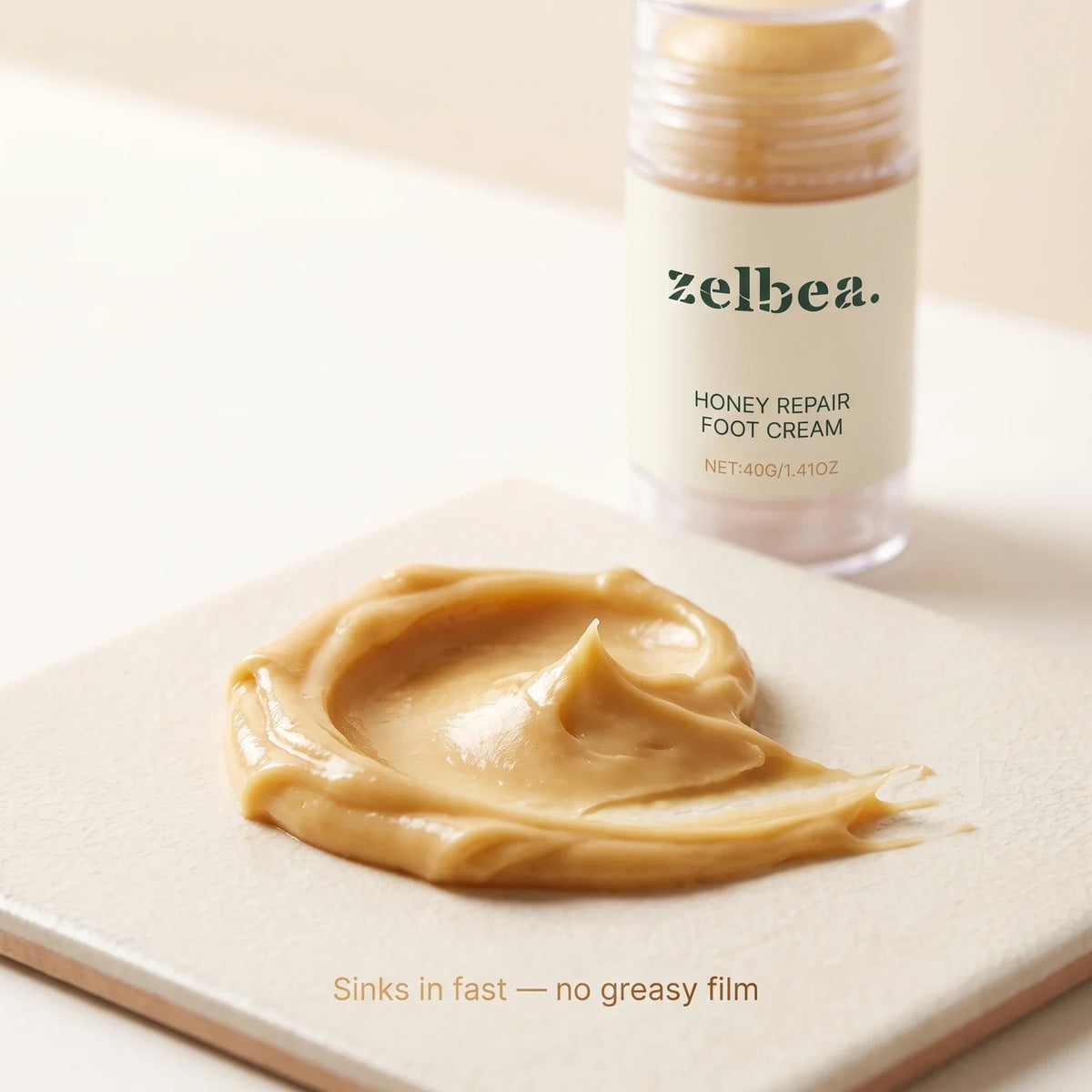 Zelbea honey repair foot cream rich texture — sinks in fast, no greasy film