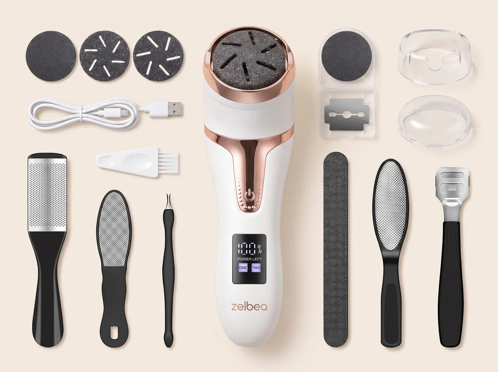 Everything included — 17-piece foot care kit laid out